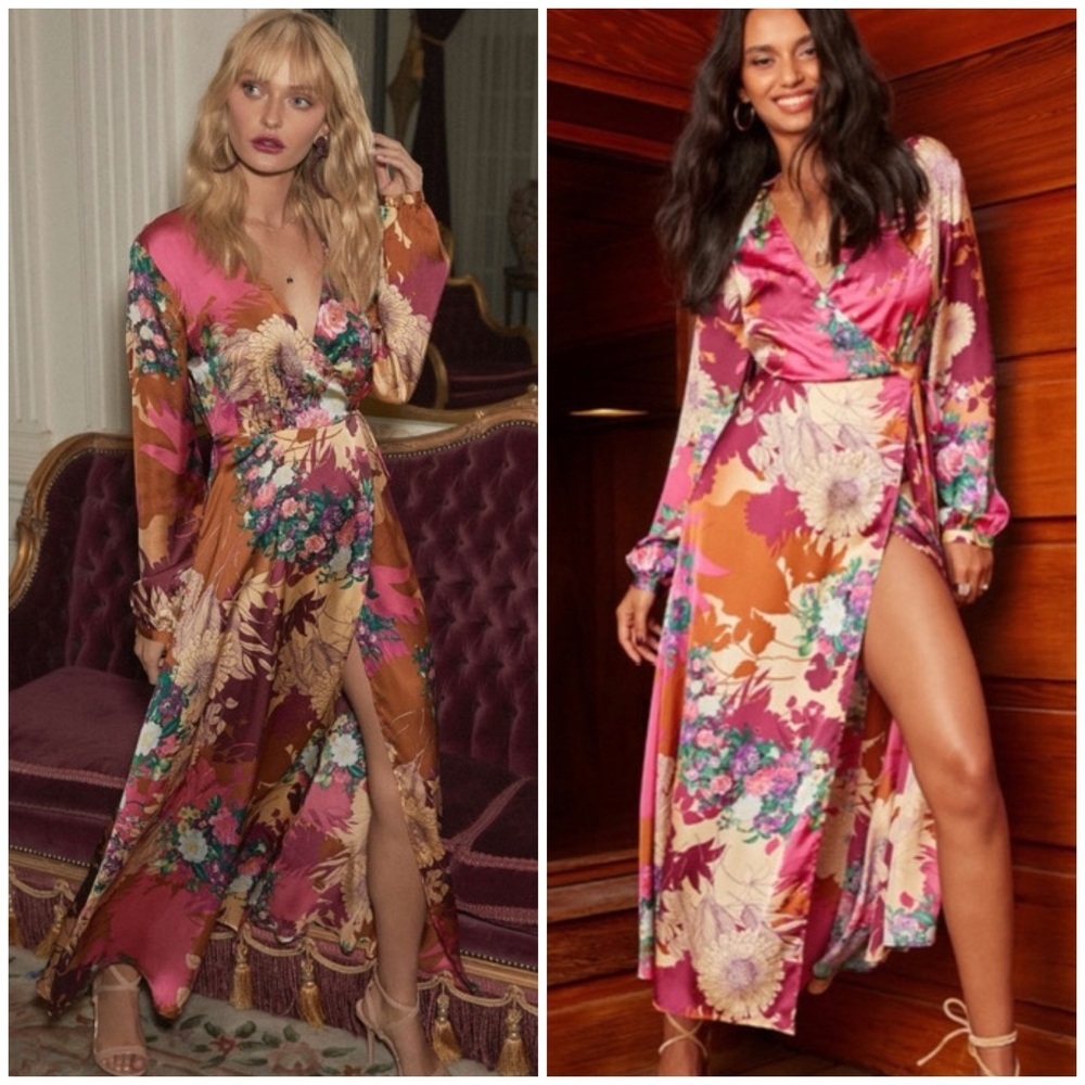 Lulu’s Put on a Smile Burgundy Floral Print Satin Wrap Maxi Dress